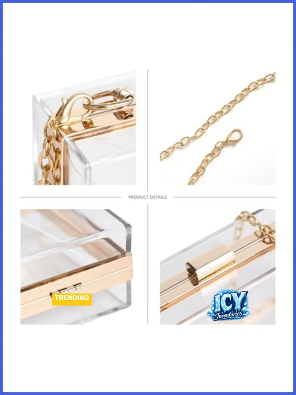 Clear Acrylic Box Clutch Stadium Approved Crossbody with Gold Chain Detachable